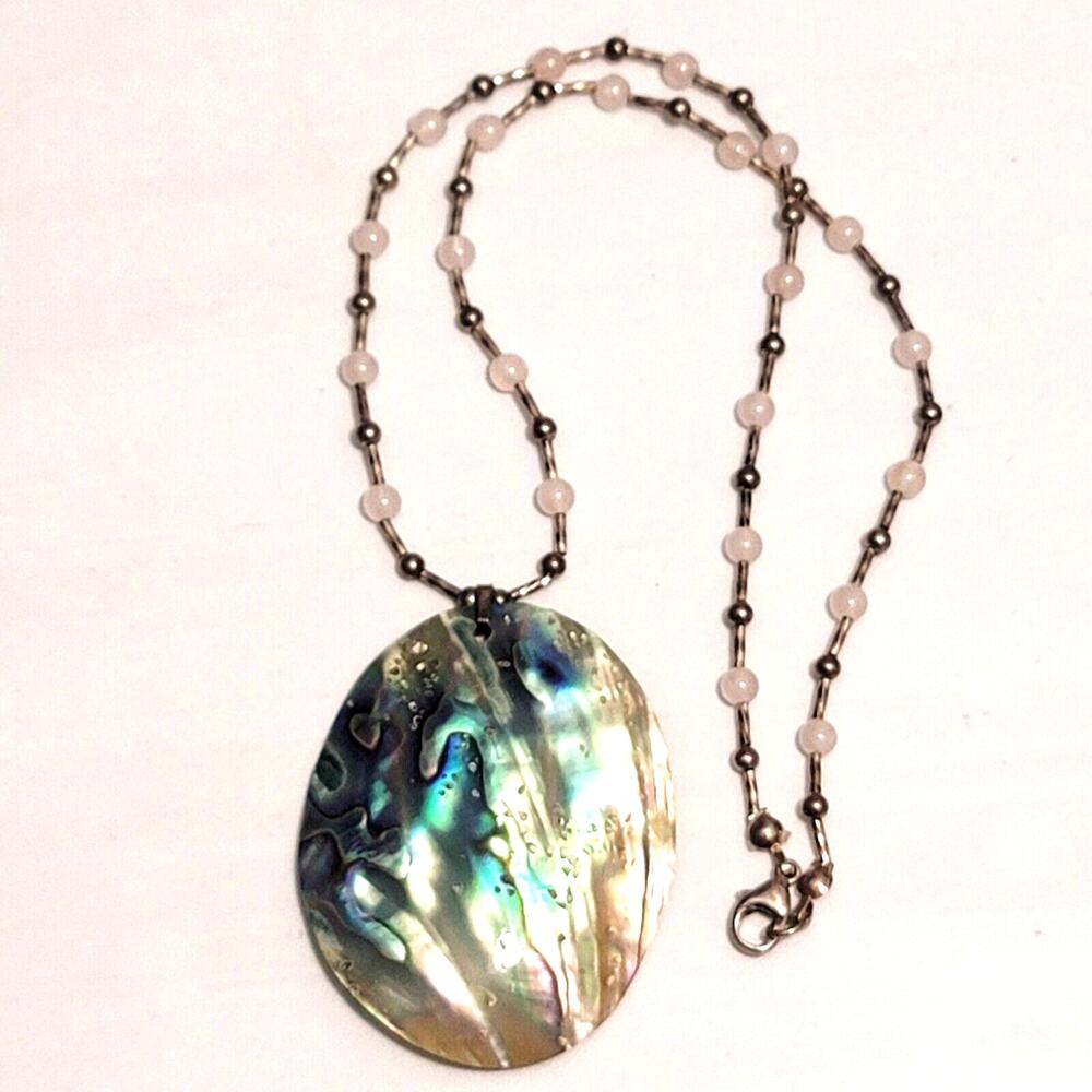 925 Sterling Silver Large Oval Abalone Pendant Necklace